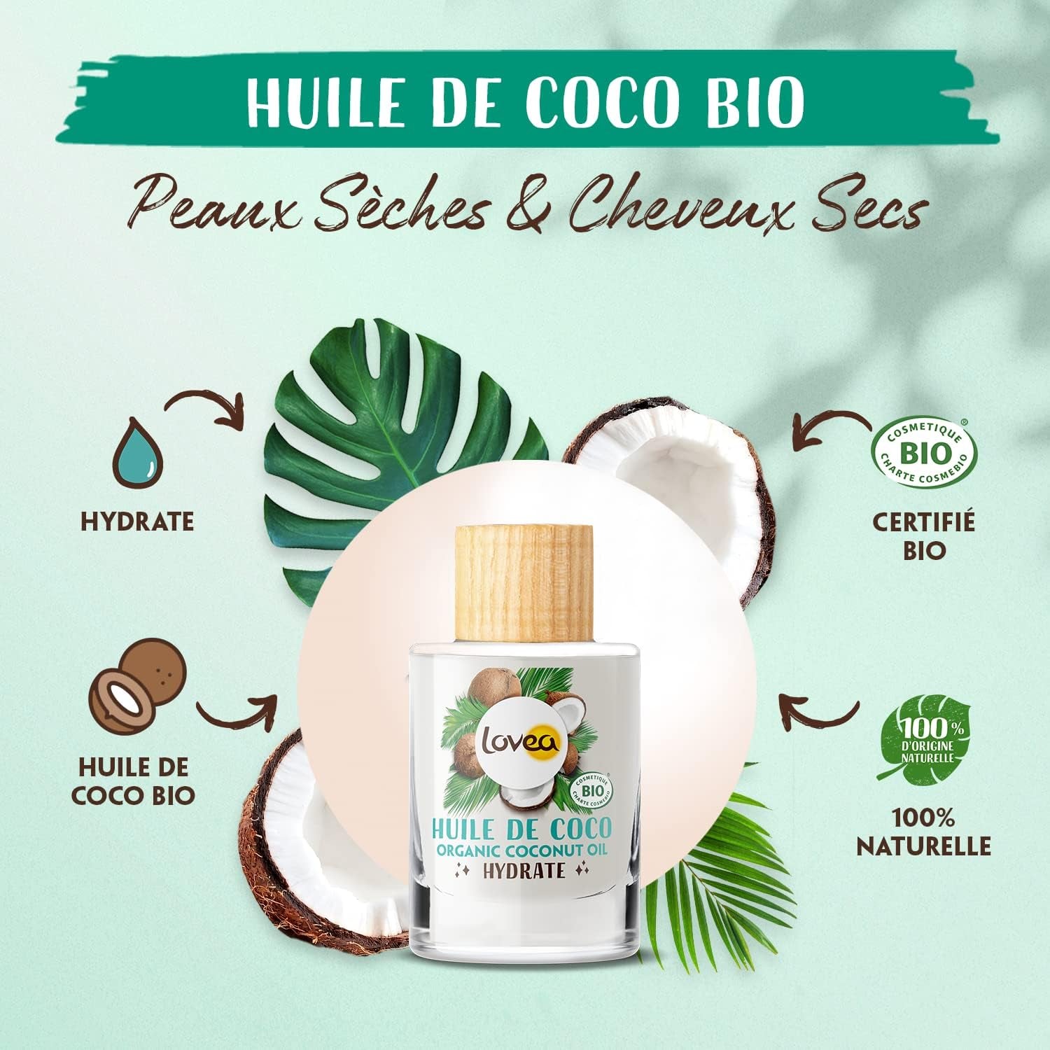 - Huile De Coco Bio Multi-Usages - Hydrate - Peaux Sèches & Cheveux Secs - 100% D'Origine Naturelle - Sans Colorant Ni Parfum Ajouté - Vegan - Certifié BIO - Fabriqué En France - 50 Ml