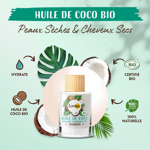 - Huile De Coco Bio Multi-Usages - Hydrate - Peaux Sèches & Cheveux Secs - 100% D'Origine Naturelle - Sans Colorant Ni Parfum Ajouté - Vegan - Certifié BIO - Fabriqué En France - 50 Ml